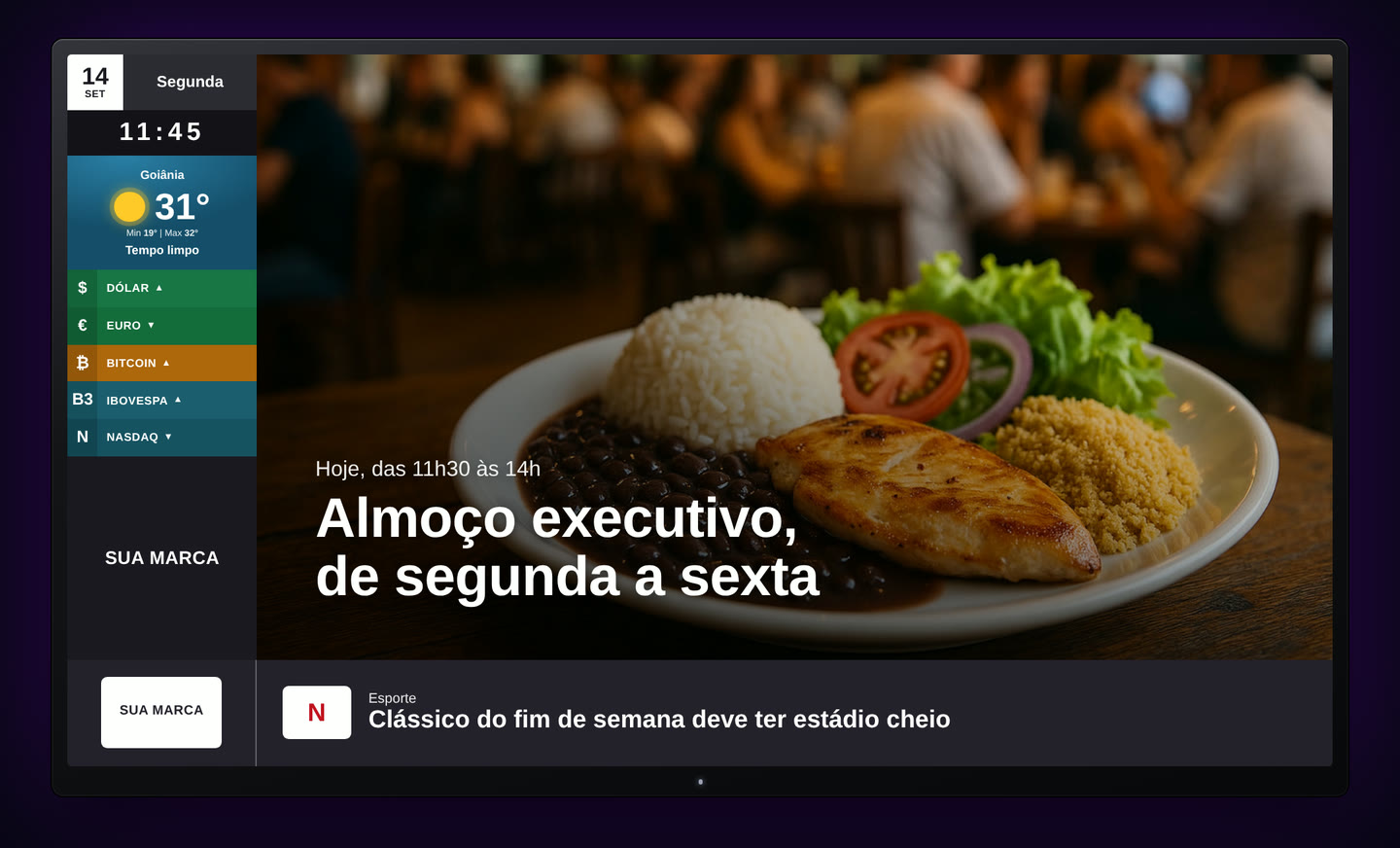 TV do Corpflix tocando: barra lateral com data, hora, clima e cotações, peça de almoço executivo e manchete no rodapé.