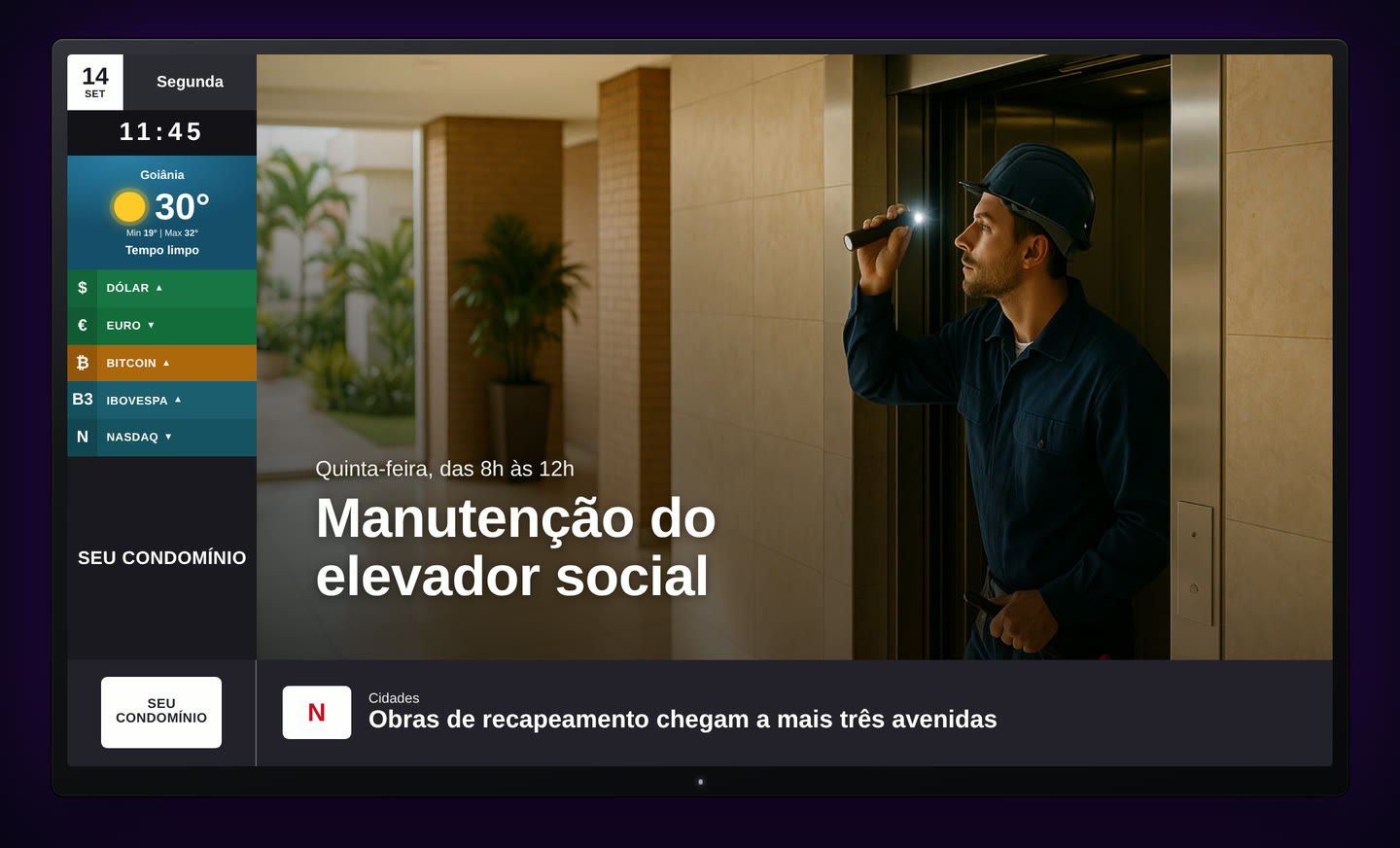 TV do Corpflix no condomínio: aviso de manutenção do elevador social.