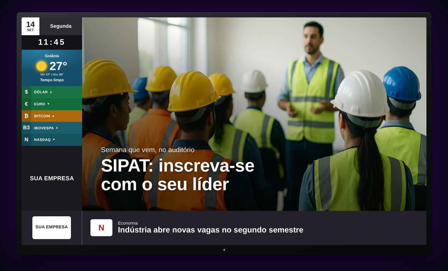 TV do Corpflix numa empresa: convite da SIPAT com foto de treinamento de segurança.