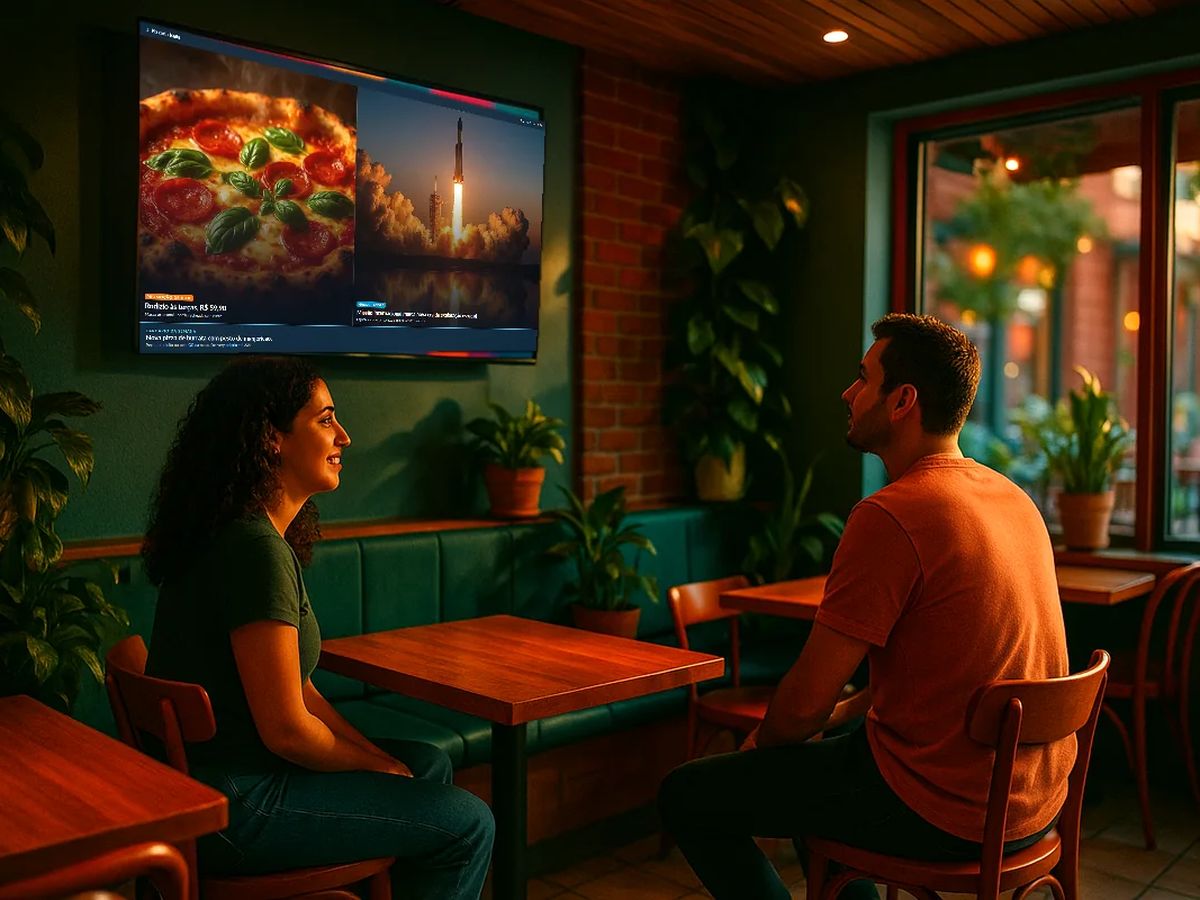 Clientes esperando numa pizzaria, com a TV da parede mostrando o cardápio e as notícias.