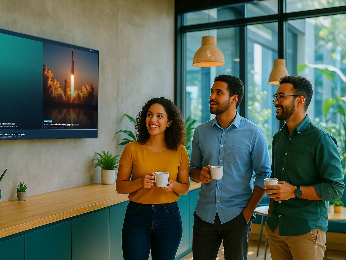 Três colegas com xícaras de café olhando a TV na parede da copa da empresa.