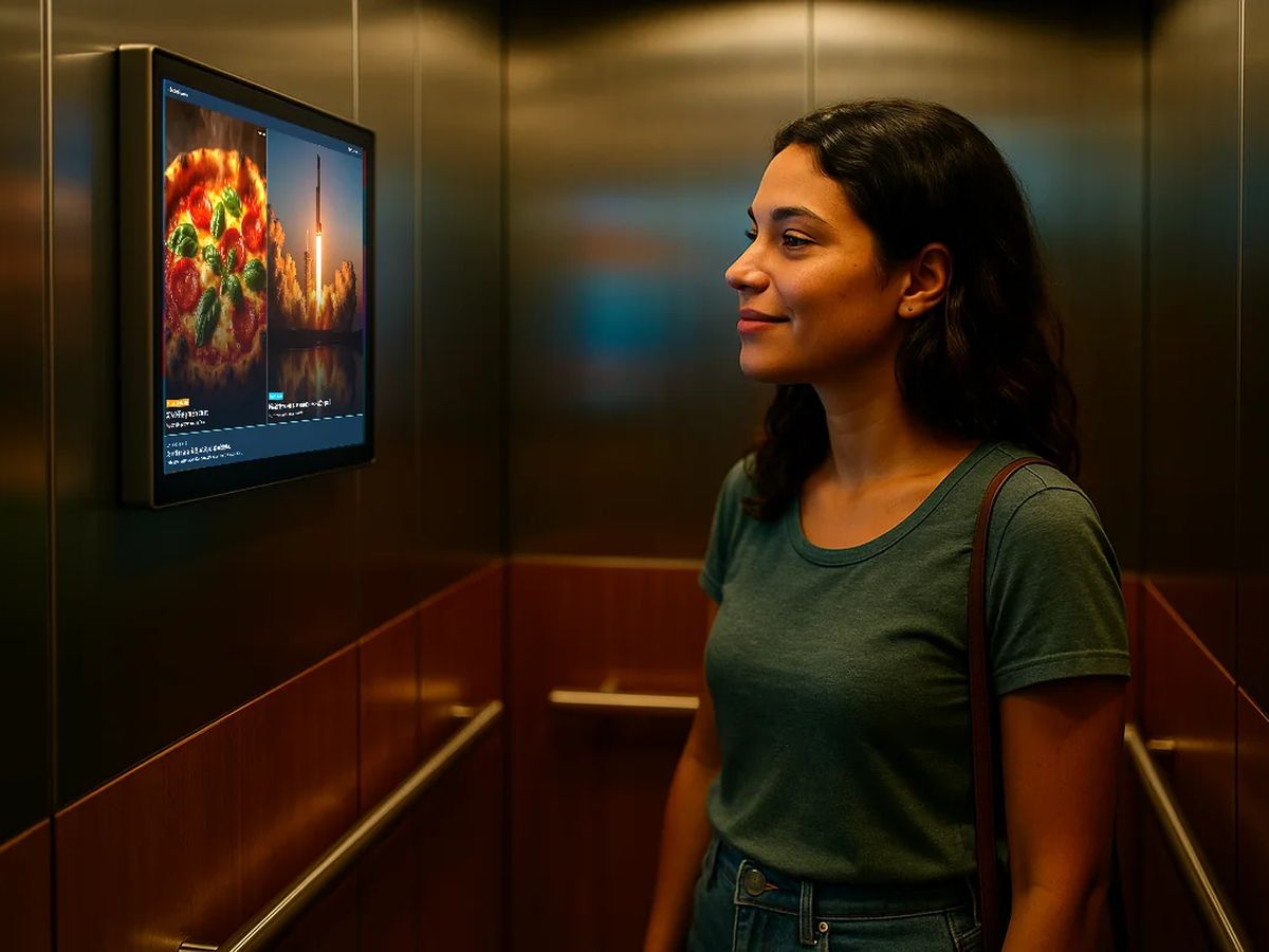 Moradora sorrindo para a tela instalada na parede do elevador.